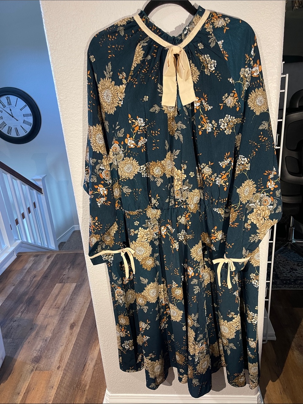 Unique Vintage Dark Teal Floral Tie-Neck Long Sleeve Dress with Cream Accents 4X